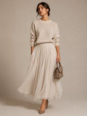 FRANK USHER | Vintage Cream Beige Scalloped Edge Maxi Skirt – Women’s 12